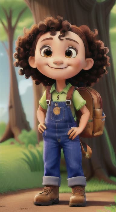  {The tree with a smiling face formed by its bark, looking down at Riley., Riley, a curious with big brown eyes and curly hair, wearing overalls and carrying a small backpack. Their friend, Skye, a bluebird with shiny feathers.