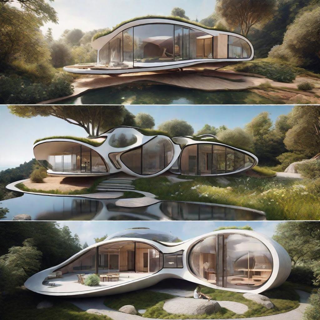  masterpiece, best quality, Futuristic house: Biomorphic architecture, self-sustaining energy, AI-integrated living spaces, virtual-physical interface, nano-material construction, adaptive environments, immersive holographic displays, sustainable ecosystems, interconnected smart appliances, bio-responsive exteriors, zero-gravity relaxation zones, quantum computing infrastructure, augmented reality integration, transparent solar panels, vertical gardens, hydroponic farming modules, kinetic energy harvesting, anti-gravity propulsion system