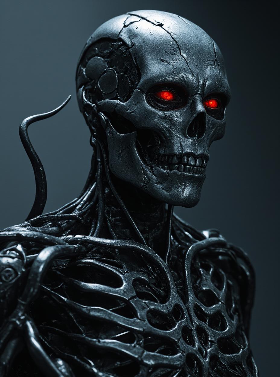  detail, photo, cinscene, dreamwalking create a highly detailed, dynamic portrait of an evil, cyborg terminator robot. incorporate hidden details and a hyper realistic attention to detail. achieve a style with high dynamic range, delivering a packed composition with an aspect. do full endoskeleton