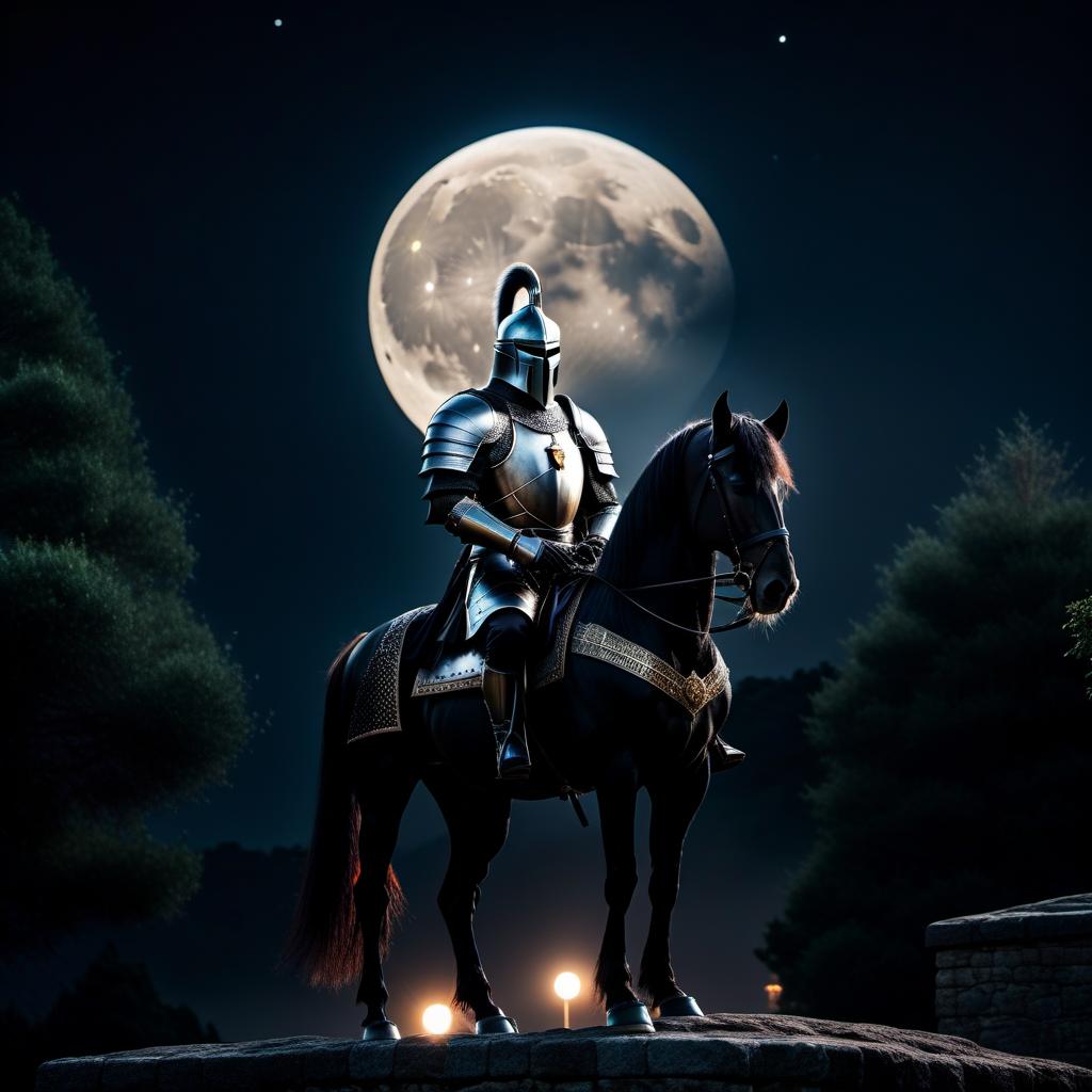  A gloomy knight in black armor on a black horse at night against the background of a tower and a full moon. hyperrealistic, full body, detailed clothing, highly detailed, cinematic lighting, stunningly beautiful, intricate, sharp focus, f/1. 8, 85mm, (centered image composition), (professionally color graded), ((bright soft diffused light)), volumetric fog, trending on instagram, trending on tumblr, HDR 4K, 8K