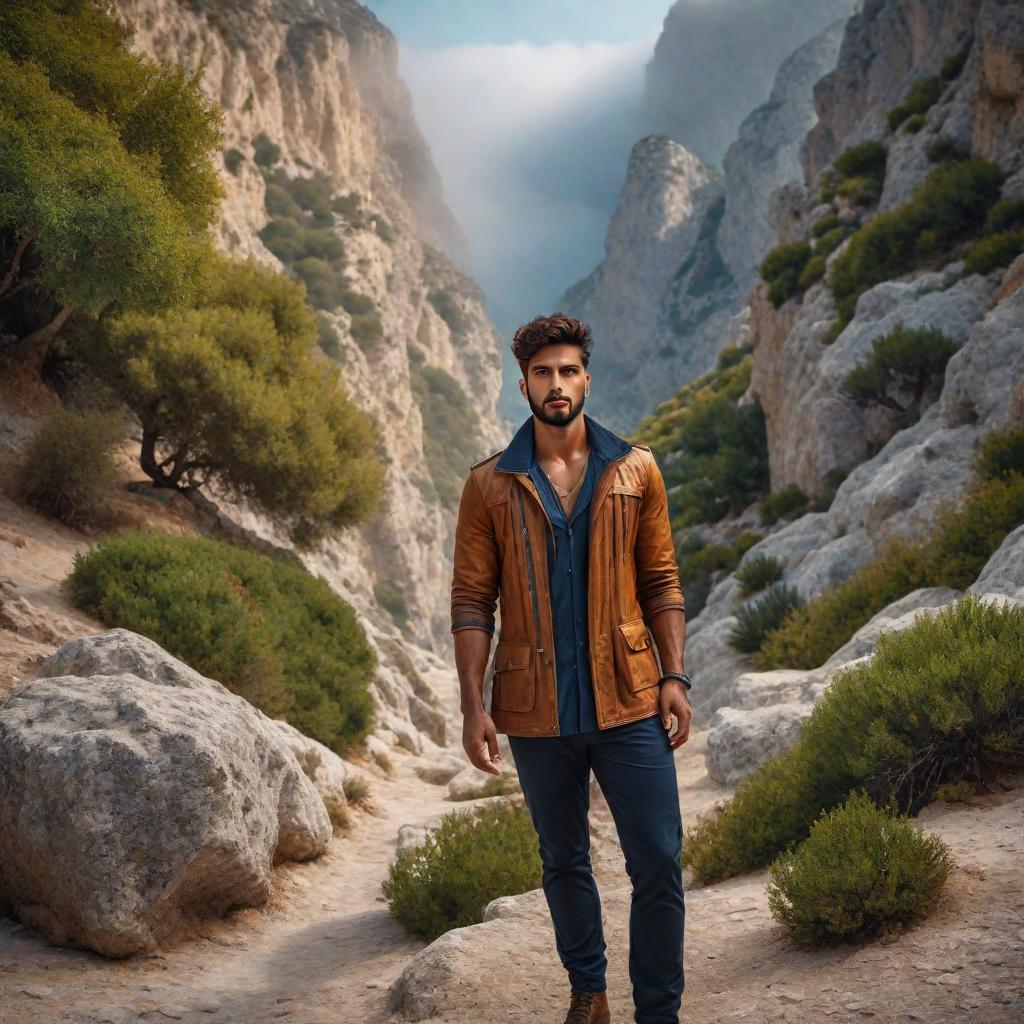  Mediterrenean boy in mountain hyperrealistic, full body, detailed clothing, highly detailed, cinematic lighting, stunningly beautiful, intricate, sharp focus, f/1. 8, 85mm, (centered image composition), (professionally color graded), ((bright soft diffused light)), volumetric fog, trending on instagram, trending on tumblr, HDR 4K, 8K