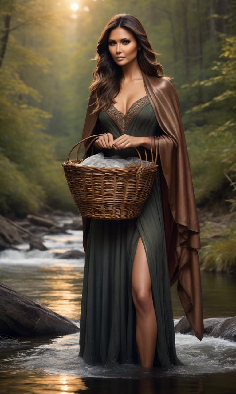  Nina Dobrev. (photorealistic, oil painting:1.3), A nice . On the hands of celets made of copper. Washes clothes in the river that flows in the forest. Not far away is a basket of washed clothes. On the shoulders is a wolf skin cape that covers the and stomach. On the hands of celets made of copper. hyperrealistic, full body, detailed clothing, highly detailed, cinematic lighting, stunningly beautiful, intricate, sharp focus, f/1. 8, 85mm, (centered image composition), (professionally color graded), ((bright soft diffused light)), volumetric fog, trending on instagram, trending on tumblr, HDR 4K, 8K