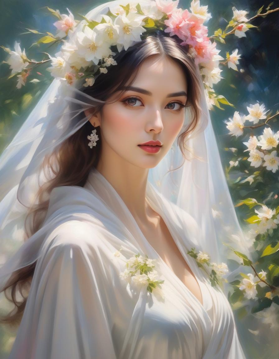  impressionist painting A portrait of a woman with flowers in her hair, intense eyes, surrounded by a veil and ethereal blossoms. . loose brushwork, vibrant color, light and shadow play, captures feeling over form hyperrealistic, full body, detailed clothing, highly detailed, cinematic lighting, stunningly beautiful, intricate, sharp focus, f/1. 8, 85mm, (centered image composition), (professionally color graded), ((bright soft diffused light)), volumetric fog, trending on instagram, trending on tumblr, HDR 4K, 8K