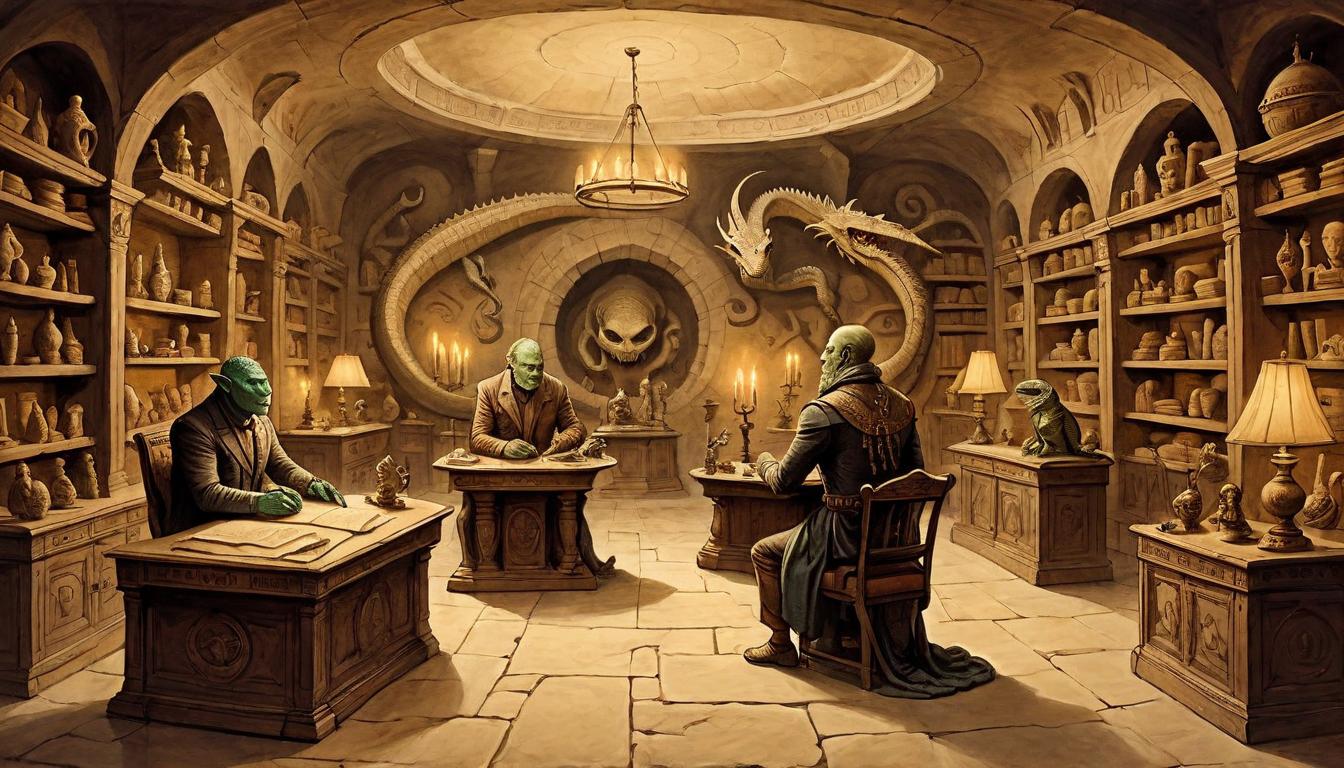  on parchment, surrealism+++, Room filled with soft, ambient lighting, human and reptilian figures engaging in peaceful conversation, shelves full of scrolls and artifacts in the background, atmosphere of understanding, warm tones(mysterious, provocative, symbolic,muted color)+++