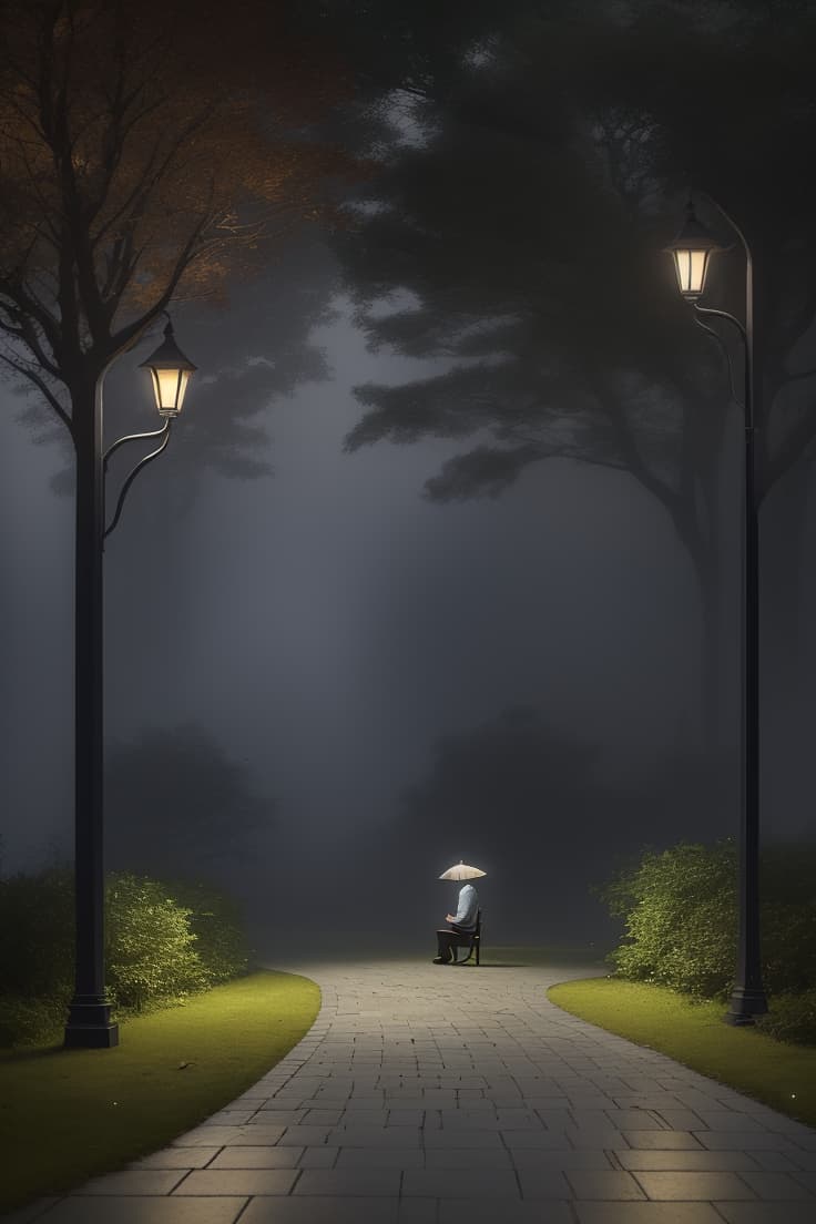  masterpiece, best quality, a serene and somewhat melancholic scene in a foggy park at night, with a person sitting alone on a wooden bench, facing away from the camera, looking towards the illuminated street lamps, enveloped in mist, with tall trees with sparse leaves in the background, and multiple street lamps casting a warm light onto the paved walkway and surrounding grass