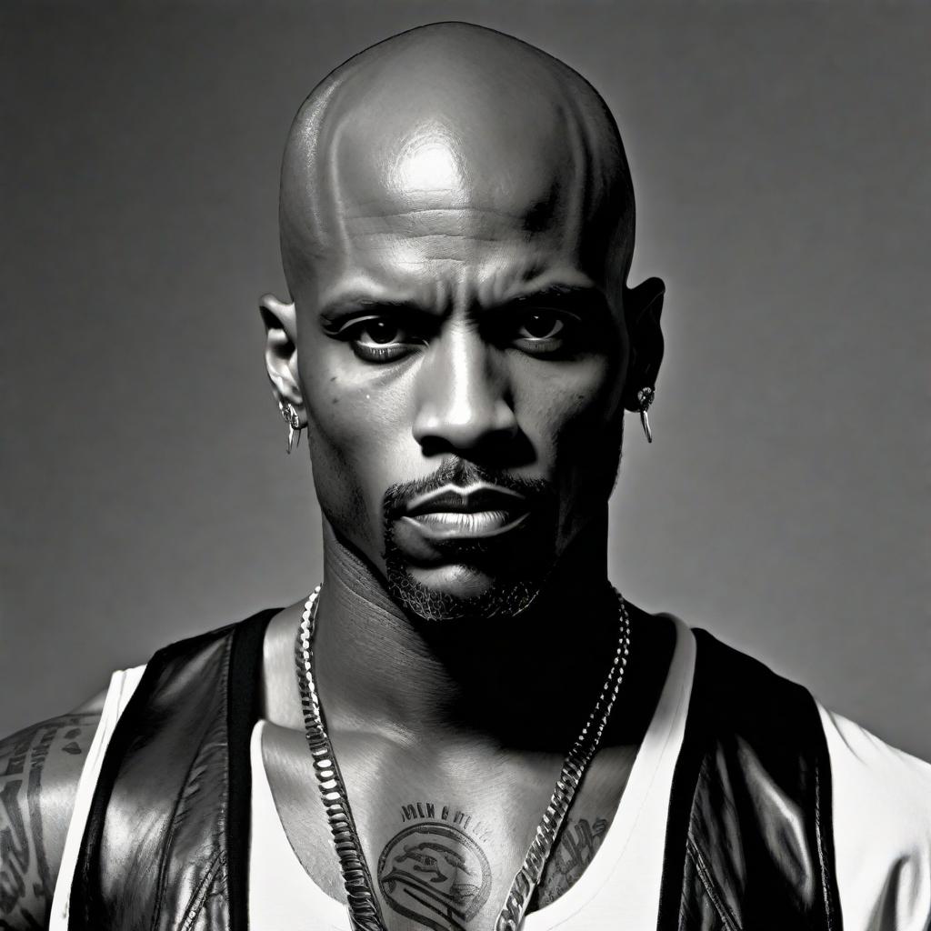  Create an artistic and powerful photo of DMX. Reflect his intense and gritty style with urban elements, symbolic of the streets and raw energy of his music. Integrate aggressive brushstrokes, stark contrasts, and a bold palette to give the image a strong sense of his persona and contribution to hip-hop culture. hyperrealistic, full body, detailed clothing, highly detailed, cinematic lighting, stunningly beautiful, intricate, sharp focus, f/1. 8, 85mm, (centered image composition), (professionally color graded), ((bright soft diffused light)), volumetric fog, trending on instagram, trending on tumblr, HDR 4K, 8K