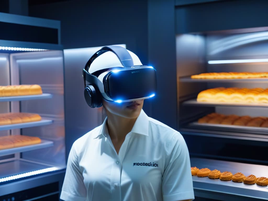  An ultradetailed 8k image of a virtual reality headset, with intricate, glowing circuit patterns and a shimmering glass visor reflecting a virtual kitchen scene filled with a variety of intricate pastry creations being crafted by digital hands. The headset is suspended in a dark, futuristic space, creating a stark contrast that highlights the sleek, modern design of the technology. hyperrealistic, full body, detailed clothing, highly detailed, cinematic lighting, stunningly beautiful, intricate, sharp focus, f/1. 8, 85mm, (centered image composition), (professionally color graded), ((bright soft diffused light)), volumetric fog, trending on instagram, trending on tumblr, HDR 4K, 8K