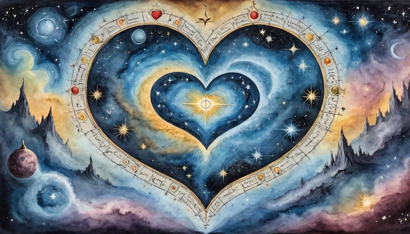  on parchment, surrealism+++, A heart of stars pulsing within a nebula, the birthplace of heavier elements in celestial alchemy. Cosmic alchemy, heart of creation, forging new elements, stellar genesis(mysterious, provocative, symbolic,muted color)+++