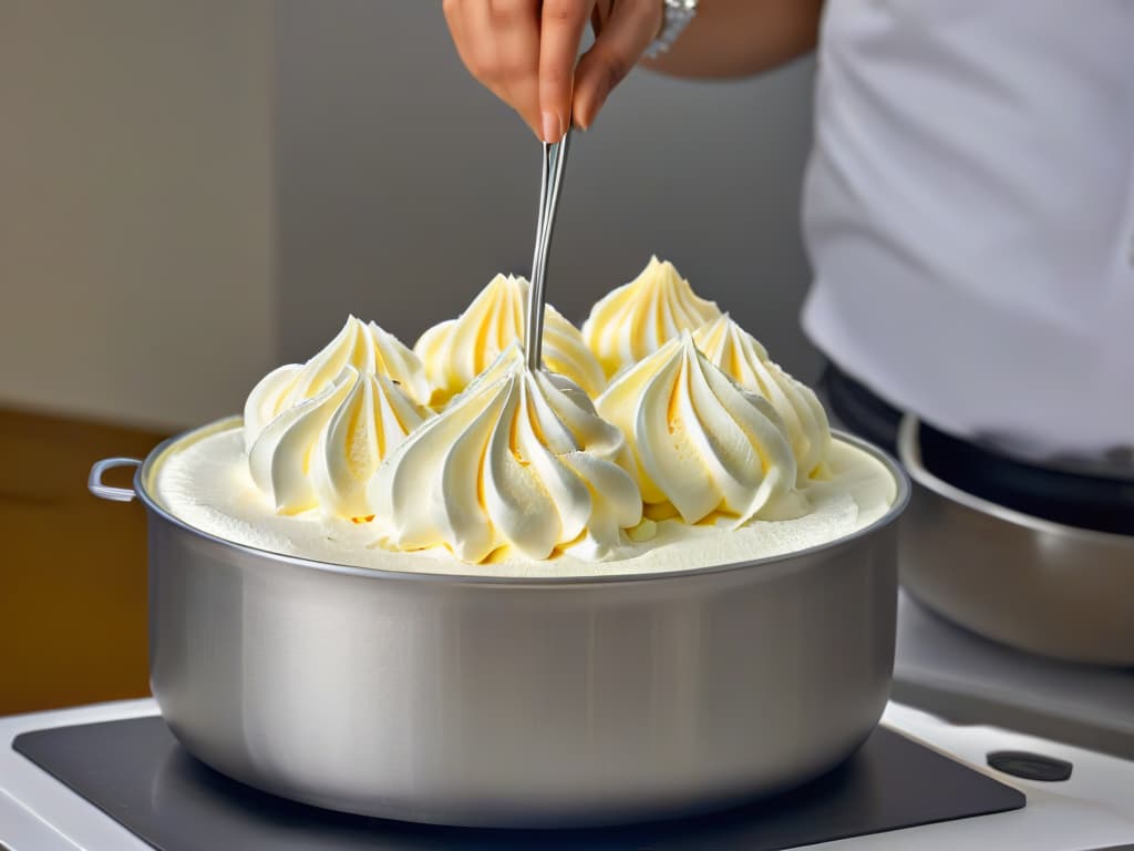  A closeup, ultradetailed image of perfectly stiff, glossy peaks of meringue being formed in a pristine metal mixing bowl, with a sleek stainless steel whisk cutting through the mixture. The focus is on the intricate textures and shine of the meringue, capturing the precise moment of achieving the ideal consistency for a perfect meringue. hyperrealistic, full body, detailed clothing, highly detailed, cinematic lighting, stunningly beautiful, intricate, sharp focus, f/1. 8, 85mm, (centered image composition), (professionally color graded), ((bright soft diffused light)), volumetric fog, trending on instagram, trending on tumblr, HDR 4K, 8K