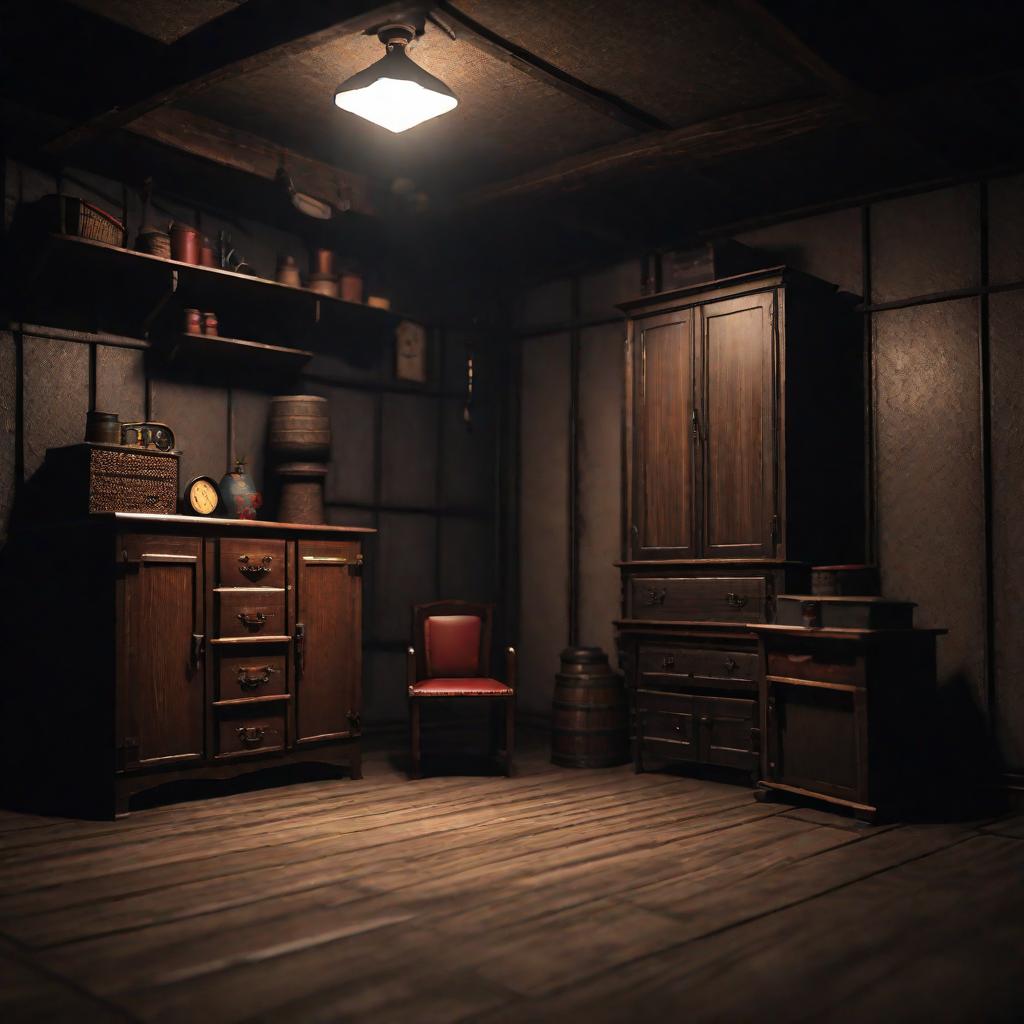  an old basement  dark cold room with some old furniture background empty anime style highly detailed, cute, hyper detail, full HD hyperrealistic, full body, detailed clothing, highly detailed, cinematic lighting, stunningly beautiful, intricate, sharp focus, f/1. 8, 85mm, (centered image composition), (professionally color graded), ((bright soft diffused light)), volumetric fog, trending on instagram, trending on tumblr, HDR 4K, 8K