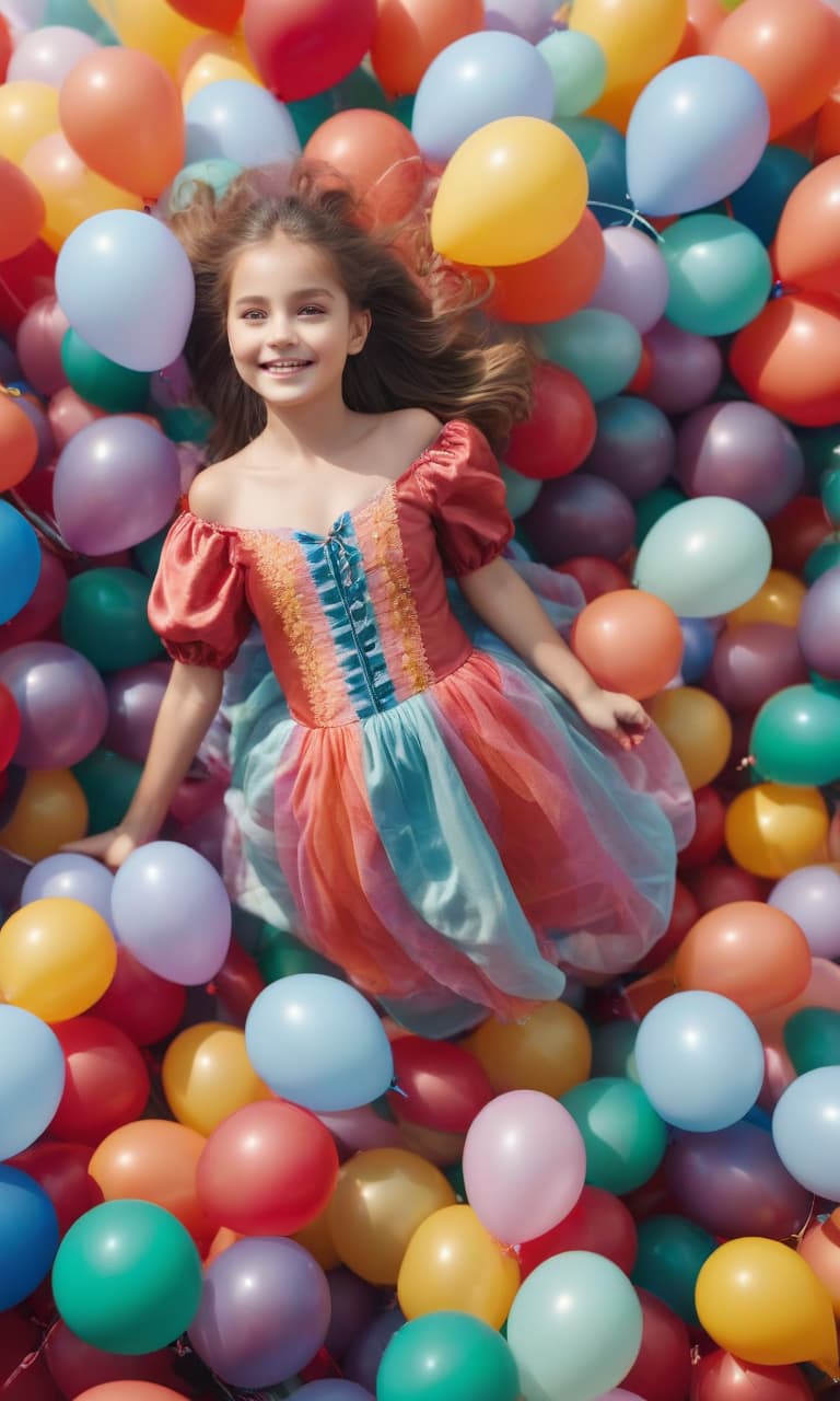  A little girl in a bright dress is standing on a trampoline in colorful balloons, smiling, top view, focus on the girl hyperrealistic, full body, detailed clothing, highly detailed, cinematic lighting, stunningly beautiful, intricate, sharp focus, f/1. 8, 85mm, (centered image composition), (professionally color graded), ((bright soft diffused light)), volumetric fog, trending on instagram, trending on tumblr, HDR 4K, 8K