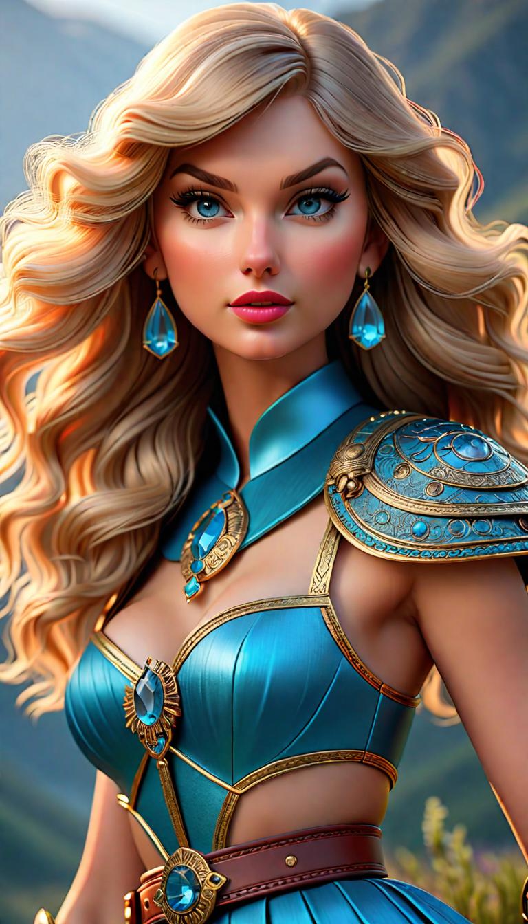  Professional 3D model of Taylor Swift as a blue Gallowglass warrior with a gem on her belt . Rendered with Octane, the model is highly detailed,dramatic lighting. hyperrealistic, full body, detailed clothing, highly detailed, cinematic lighting, stunningly beautiful, intricate, sharp focus, f/1. 8, 85mm, (centered image composition), (professionally color graded), ((bright soft diffused light)), volumetric fog, trending on instagram, trending on tumblr, HDR 4K, 8K