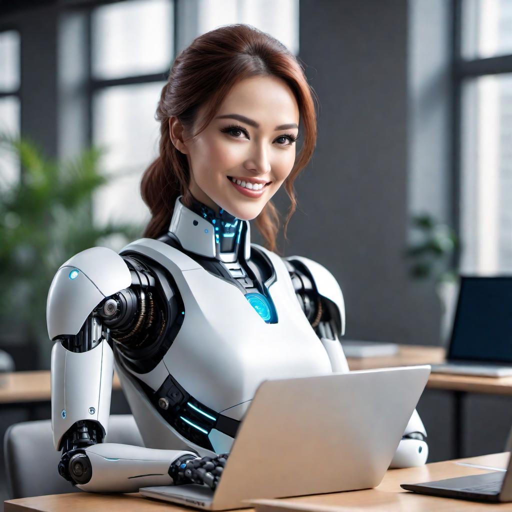  A friendly AI assistant eagerly awaiting a user request. The scene should depict the assistant represented as a friendly robot with a welcoming smile, sitting at a desk with a computer. The assistant is holding a notepad, ready to take notes. The environment is bright and modern with a pleasant and inviting atmosphere. hyperrealistic, full body, detailed clothing, highly detailed, cinematic lighting, stunningly beautiful, intricate, sharp focus, f/1. 8, 85mm, (centered image composition), (professionally color graded), ((bright soft diffused light)), volumetric fog, trending on instagram, trending on tumblr, HDR 4K, 8K