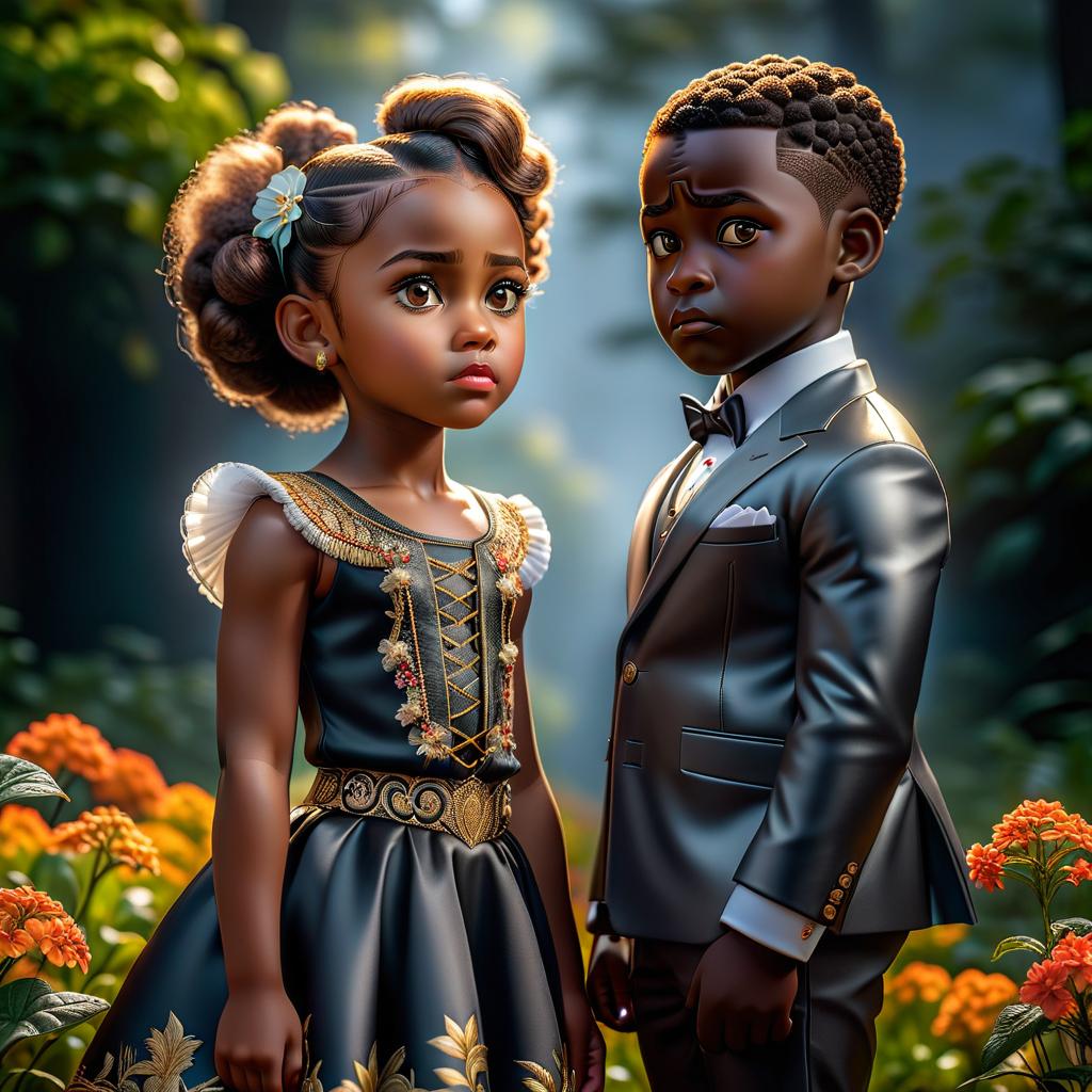  A little girl next to a big black boy hyperrealistic, full body, detailed clothing, highly detailed, cinematic lighting, stunningly beautiful, intricate, sharp focus, f/1. 8, 85mm, (centered image composition), (professionally color graded), ((bright soft diffused light)), volumetric fog, trending on instagram, trending on tumblr, HDR 4K, 8K