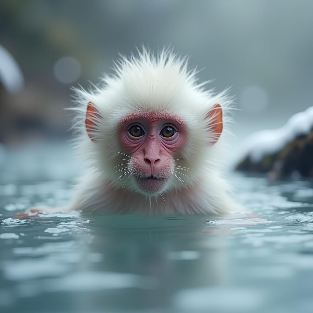  good quality, high quality, a curious snow monkey submerged in a hot spring