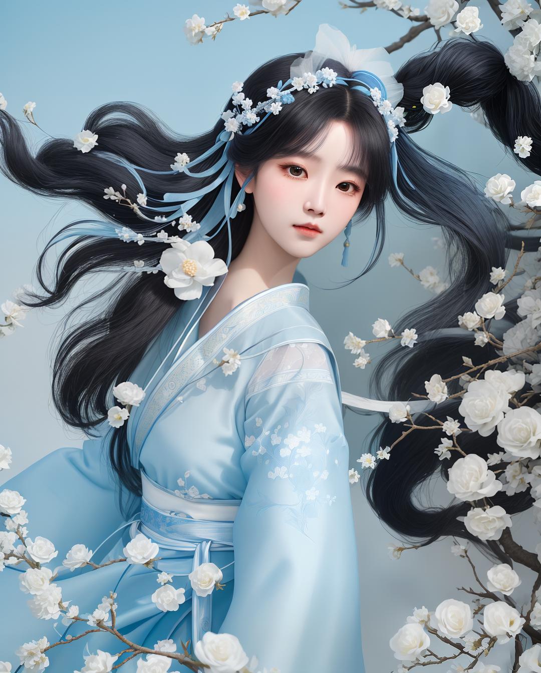  masterpiece, best quality, (Fidelity: 1.4), Best Quality, Masterpiece, Ultra High Resolution, Poster, Fantasy Art, Very Detailed Faces, 8k resolution, Chinese Style, An woman, Side Face, Quiet, Light Blue Hanfu, Tulle Coat, Long Black Hair, Light Blue Fringed Hair Ornament, Hairpin, White Ribbon, White Flower Bush, Light Blue Butterfly Flying, cinematic lighting effects