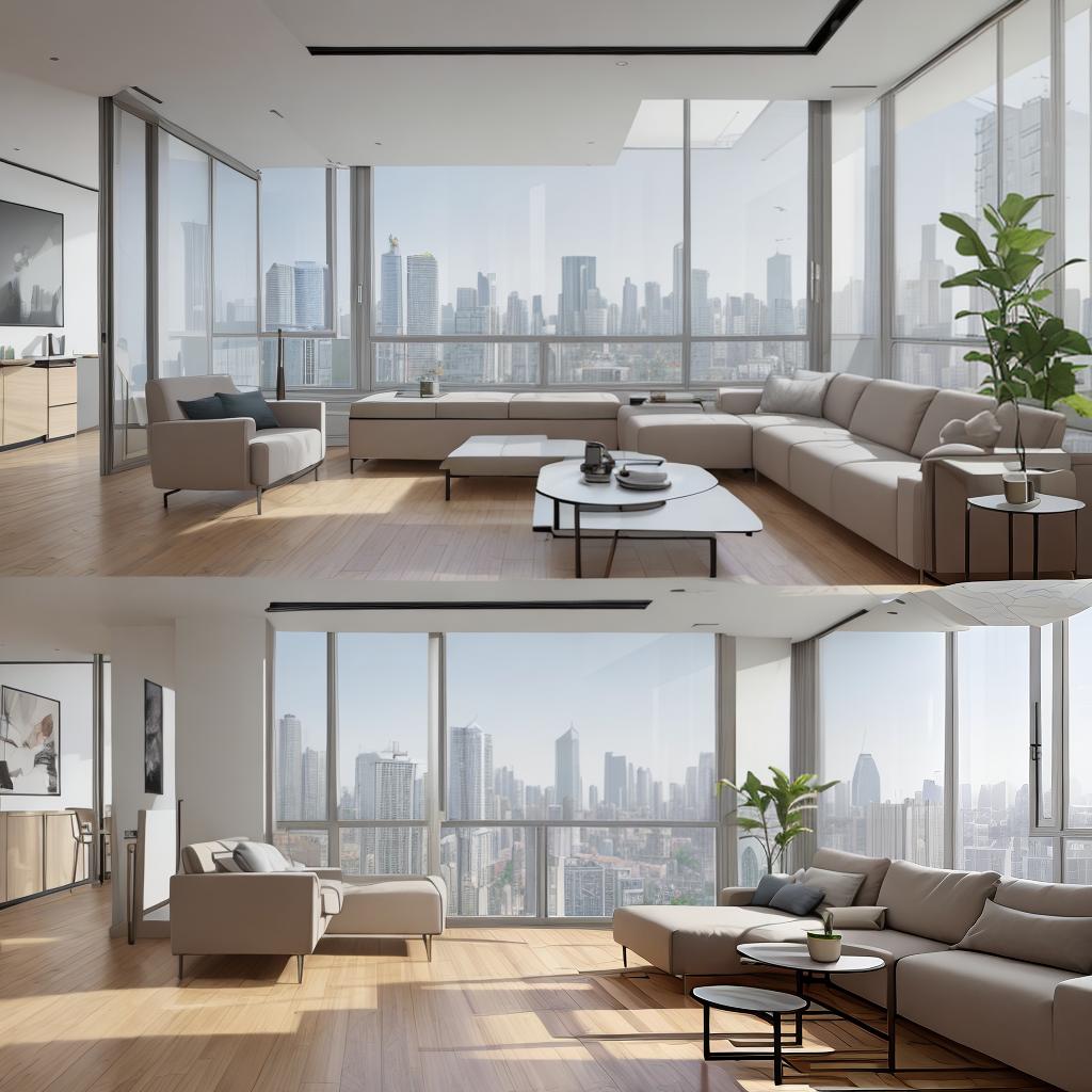  masterpiece, best quality, Best Quality, Masterpiece, 8k resolution,high resolution concept art of an apartment living room with floor to ceiling windows and modern furniture