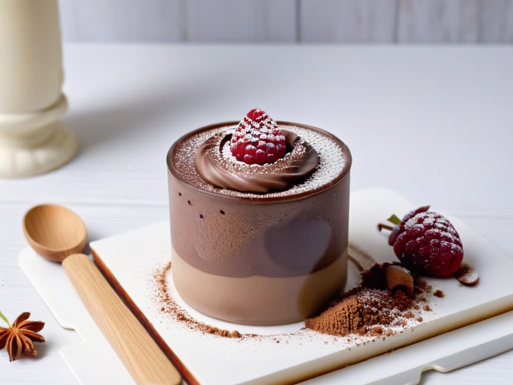  A minimalistic image of a velvety vegan chocolate mousse in a sleek, modern glass dessert cup, topped with a delicate sprinkle of cocoa powder and a single fresh raspberry on the side. The smooth texture of the mousse reflects light beautifully, showcasing its perfect consistency and inviting the viewer to indulge in its creamy deliciousness. hyperrealistic, full body, detailed clothing, highly detailed, cinematic lighting, stunningly beautiful, intricate, sharp focus, f/1. 8, 85mm, (centered image composition), (professionally color graded), ((bright soft diffused light)), volumetric fog, trending on instagram, trending on tumblr, HDR 4K, 8K