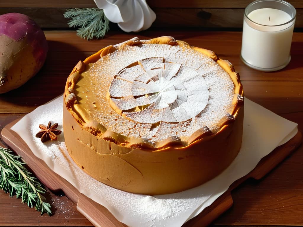  An ultradetailed closeup image of a freshly baked sweet potato cake, showcasing its goldenbrown crust sprinkled with powdered sugar, with delicate wisps of steam rising from its surface. The cake sits on a rustic wooden table, surrounded by vibrant orange sweet potatoes, a scattering of cinnamon sticks, and a sprig of fresh rosemary, evoking warmth and autumnal flavors. hyperrealistic, full body, detailed clothing, highly detailed, cinematic lighting, stunningly beautiful, intricate, sharp focus, f/1. 8, 85mm, (centered image composition), (professionally color graded), ((bright soft diffused light)), volumetric fog, trending on instagram, trending on tumblr, HDR 4K, 8K