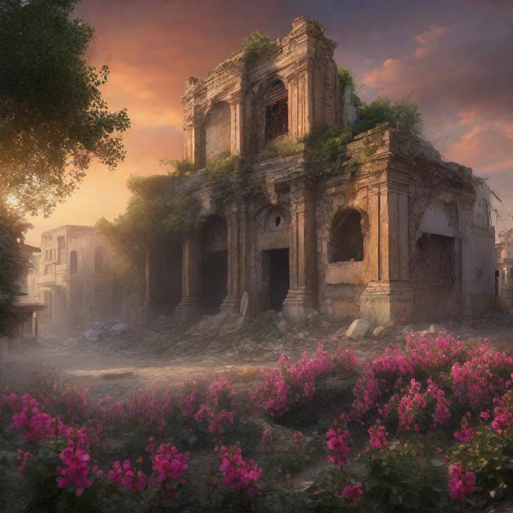  A picture of Gaza showing destroyed buildings and ruins from the war. Despite the destruction, colorful spring flowers are blooming everywhere, and trees are starting to green. Amidst the ruins stands a majestic warrior on a horse, symbolizing resilience and strength. The background features a historic building reminiscent of Andalusian architecture, adding a touch of cultural heritage and history to the scene. There is a sense of hope and renewal amidst the ruins, with delicate blossoms and the promise of new life, night clouds, above city, atmospheric lighting, Octane Render a fantasy digital painting by James Gurney, trending on Artstation, hyperrealistic, realistic, photorealistic, dynamic lighting, highly detailed, cinematic landscape, hyperrealistic, full body, detailed clothing, highly detailed, cinematic lighting, stunningly beautiful, intricate, sharp focus, f/1. 8, 85mm, (centered image composition), (professionally color graded), ((bright soft diffused light)), volumetric fog, trending on instagram, trending on tumblr, HDR 4K, 8K