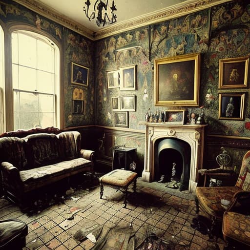  A old cluttered victorian Manor. walls are covered from to to bottom with paintings of creepy monsters. tons of art on the wall. alchohol bottles on the ground. a sitting man on the ground smoking