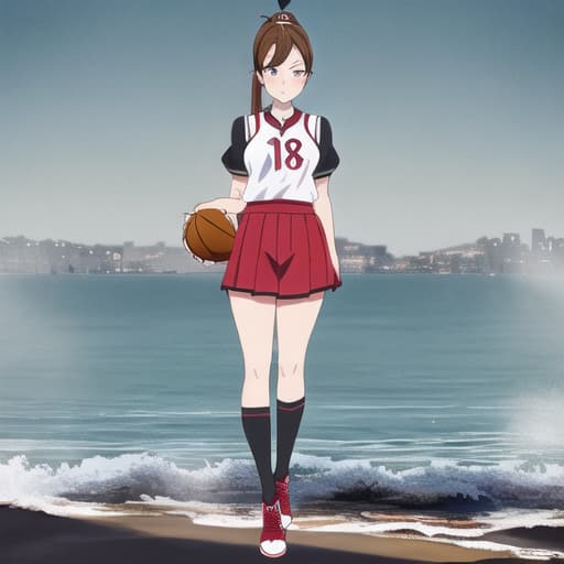  anime girl black hair bright dark brown eyes red and white basketball uniform with the number 18 and the name Nicky white and black shoes Have your hair in a medium high ponytail with two strands on the sides of your ears, have a basketball and look full body Pastel Palette, Da Vinci's Dreams, Picasso's , Sunrise Splendors, Floral Fantasy, Mystical Moonscapes, Urban Nature, Crystal Clear, Cinematic hyperrealistic, full body, detailed clothing, highly detailed, cinematic lighting, stunningly beautiful, intricate, sharp focus, f/1. 8, 85mm, (centered image composition), (professionally color graded), ((bright soft diffused light)), volumetric fog, trending on instagram, trending on tumblr, HDR 4K, 8K