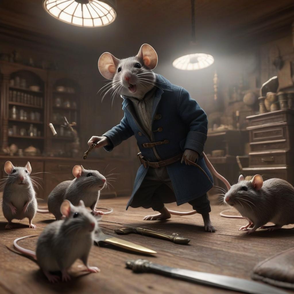  professional 3d model A room full of mice, with daggers, dressed as a robber. . octane render, highly detailed, volumetric, dramatic lighting, hkmagic hyperrealistic, full body, detailed clothing, highly detailed, cinematic lighting, stunningly beautiful, intricate, sharp focus, f/1. 8, 85mm, (centered image composition), (professionally color graded), ((bright soft diffused light)), volumetric fog, trending on instagram, trending on tumblr, HDR 4K, 8K