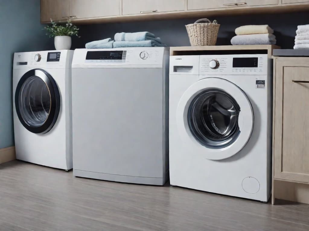  realistic photograph of examples of a washing machine in the laundry room of a home, 4k, no people