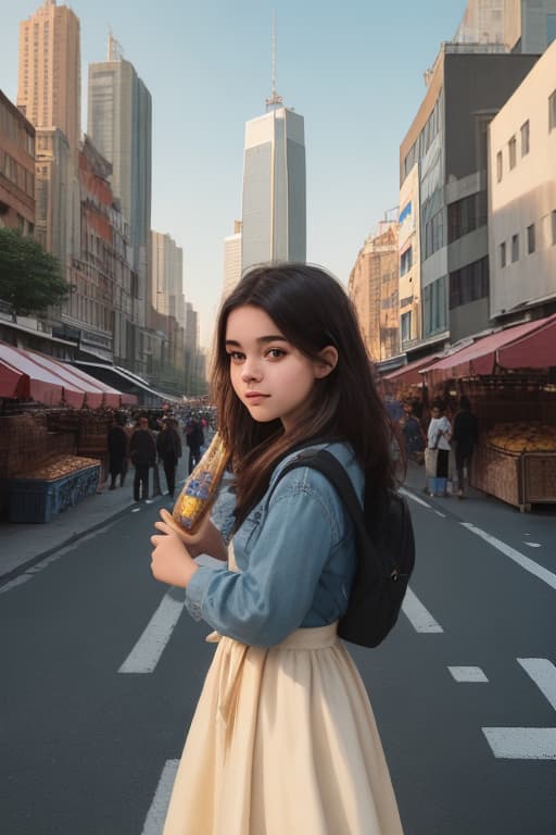  A girl casually strolling down a bustling street with a confident and carefree attitude. In the background, there are skyscraper buildings with colorful street vendors selling various items. The contrasting colors of the city and the girl's attire make her stand out. Her face is angled slightly upwards as she takes in the sights and sounds of the city. The camera angle is low, making the girl appear to be grounded and in control of her environment. The image should be captured in a warm, golden hour light to give the scene a soft and glowing quality.