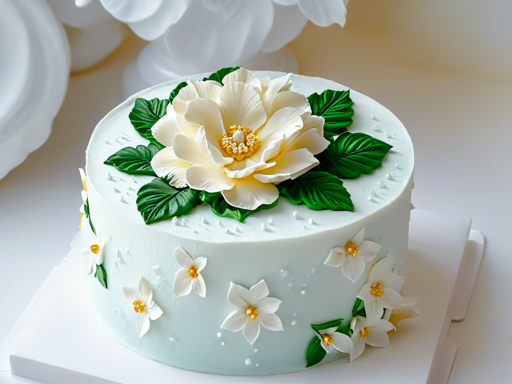  An ultradetailed closeup of a delicate, handcrafted sugar flower resting on a pristine white fondant cake, showcasing the intricate details of the petals, stamens, and leaves. The soft natural light gently illuminates the elegant creation, highlighting the shimmering sugar crystals and the lifelike appearance of the edible flower, evoking a sense of beauty, sophistication, and artistic craftsmanship. hyperrealistic, full body, detailed clothing, highly detailed, cinematic lighting, stunningly beautiful, intricate, sharp focus, f/1. 8, 85mm, (centered image composition), (professionally color graded), ((bright soft diffused light)), volumetric fog, trending on instagram, trending on tumblr, HDR 4K, 8K