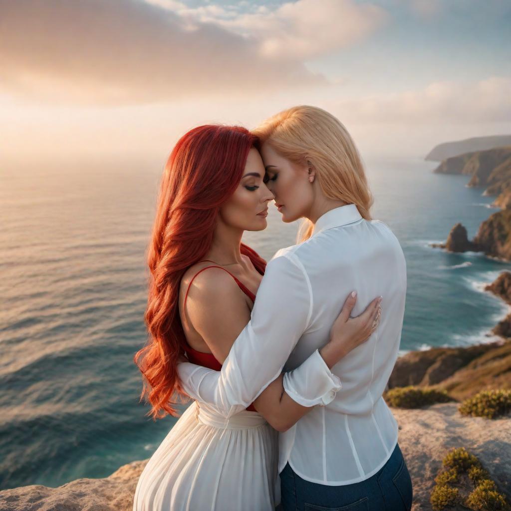  Two women in their early thirties, one with blonde hair and the other with red hair, hugging each other's waist with the ocean in the background. hyperrealistic, full body, detailed clothing, highly detailed, cinematic lighting, stunningly beautiful, intricate, sharp focus, f/1. 8, 85mm, (centered image composition), (professionally color graded), ((bright soft diffused light)), volumetric fog, trending on instagram, trending on tumblr, HDR 4K, 8K