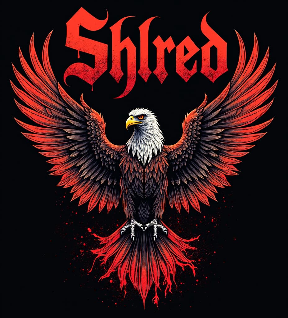  good quality, high quality, thrash metal shirt design. there are designs related to twitch streaming, metal music, the guitar is a wylde audio blood eagle. the word "shred on top of the design