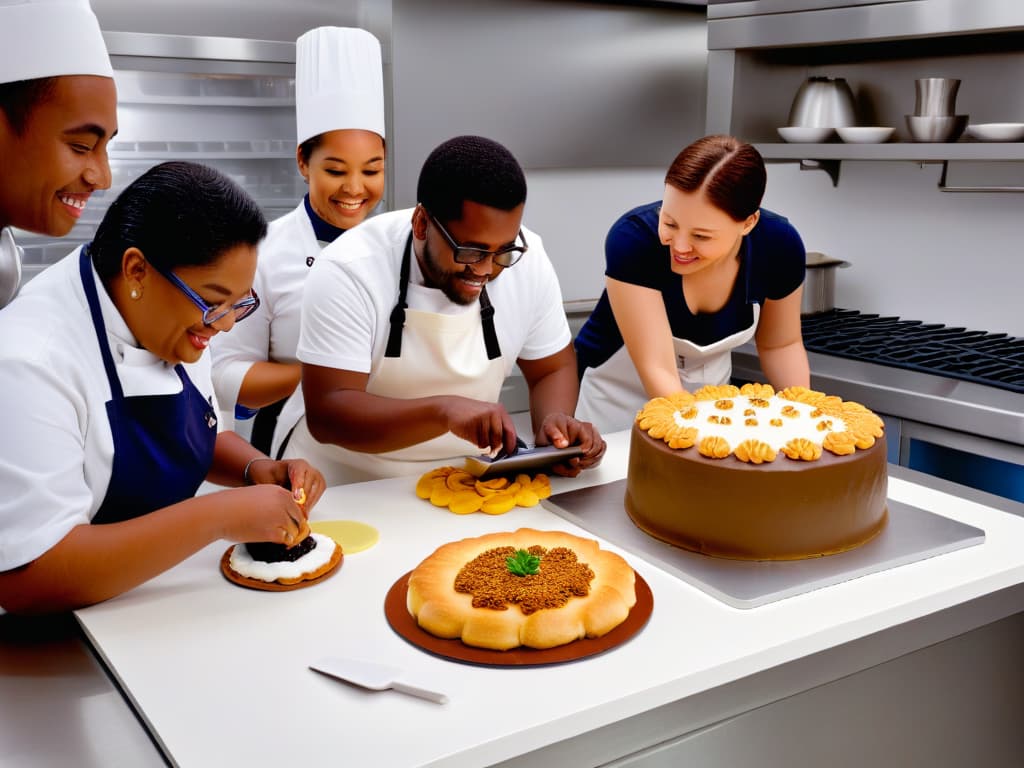  An ultradetailed photorealistic image of a diverse group of people, including individuals with disabilities, happily using various hightech kitchen gadgets and apps to create delicious and beautifully decorated pastries and cakes. The scene captures the essence of inclusivity, innovation, and empowerment in the realm of baking, with intricate details showcasing the advanced technology seamlessly integrated into the baking process. hyperrealistic, full body, detailed clothing, highly detailed, cinematic lighting, stunningly beautiful, intricate, sharp focus, f/1. 8, 85mm, (centered image composition), (professionally color graded), ((bright soft diffused light)), volumetric fog, trending on instagram, trending on tumblr, HDR 4K, 8K