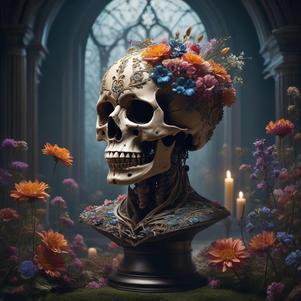  cinematic film still (Surrealist Art, Masterpiece:1. 1), Gothic vase in the form of a human skull filled with wildflowers, intricate floral patterns, surreal and dreamlike atmosphere, skull shaped object with swirling patterns, ethereal glow around it floating in a mystical void, intricate details, showing traditional Russian artistic style, subtle hints of surrealistic elements such as floating petals or shimmering lights, rich texture and depth in the artwork, a mesmerizing combination of surrealism and intricate ceramic art. . shallow depth of field, vignette, highly detailed, high budget, bokeh, cinemascope, moody, epic, gorgeous, film grain, grainy hyperrealistic, full body, detailed clothing, highly detailed, cinematic lighting, stunningly beautiful, intricate, sharp focus, f/1. 8, 85mm, (centered image composition), (professionally color graded), ((bright soft diffused light)), volumetric fog, trending on instagram, trending on tumblr, HDR 4K, 8K