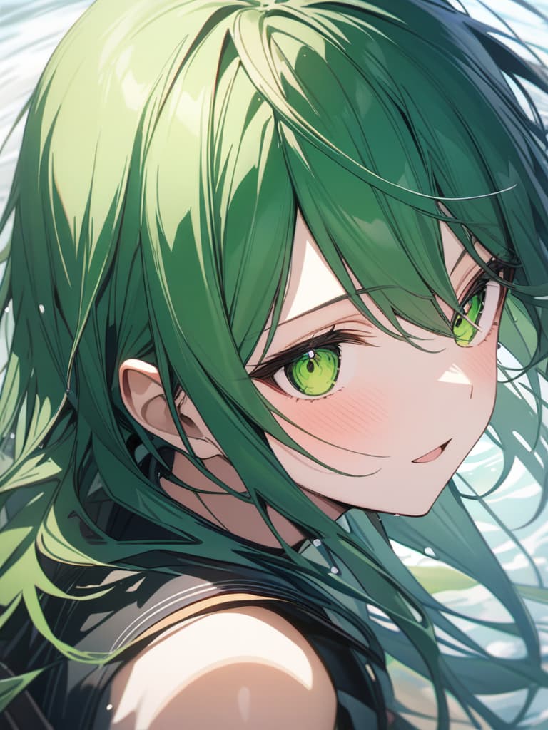  Green hair character water surface tension, masterpiece, best quality,8k,ultra detailed,high resolution,an extremely delicate and beautiful,hyper detail