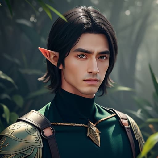  male, half-elf, short black hair, green eyes, tattoos, thin toned build, ranger, hyperrealistic, high quality, highly detailed, cinematic lighting, intricate, sharp focus, f/1. 8, 85mm, (centered image composition), (professionally color graded), ((bright soft diffused light)), volumetric fog, trending on instagram, HDR 4K, 8K