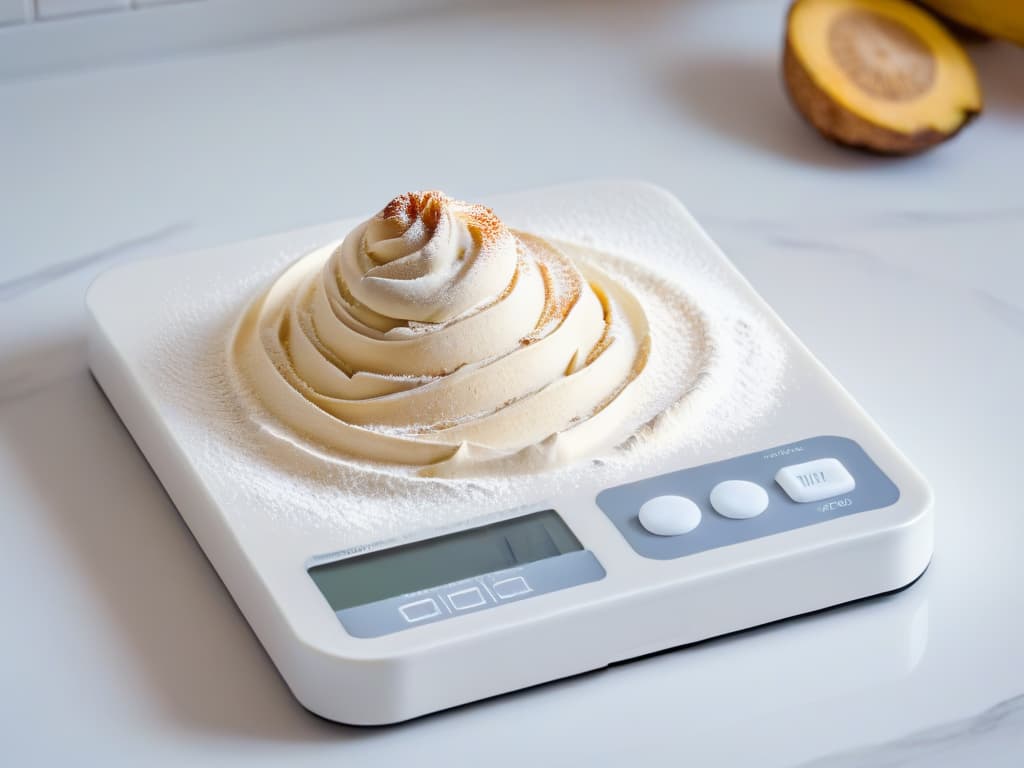  A closeup, ultradetailed image of a sleek, modern kitchen scale with a digital display, showing precise measurements of flour and sugar for baking. The scale is set against a clean, white marble countertop, with soft, natural light illuminating the scene to highlight the intricate details of the measuring process. hyperrealistic, full body, detailed clothing, highly detailed, cinematic lighting, stunningly beautiful, intricate, sharp focus, f/1. 8, 85mm, (centered image composition), (professionally color graded), ((bright soft diffused light)), volumetric fog, trending on instagram, trending on tumblr, HDR 4K, 8K