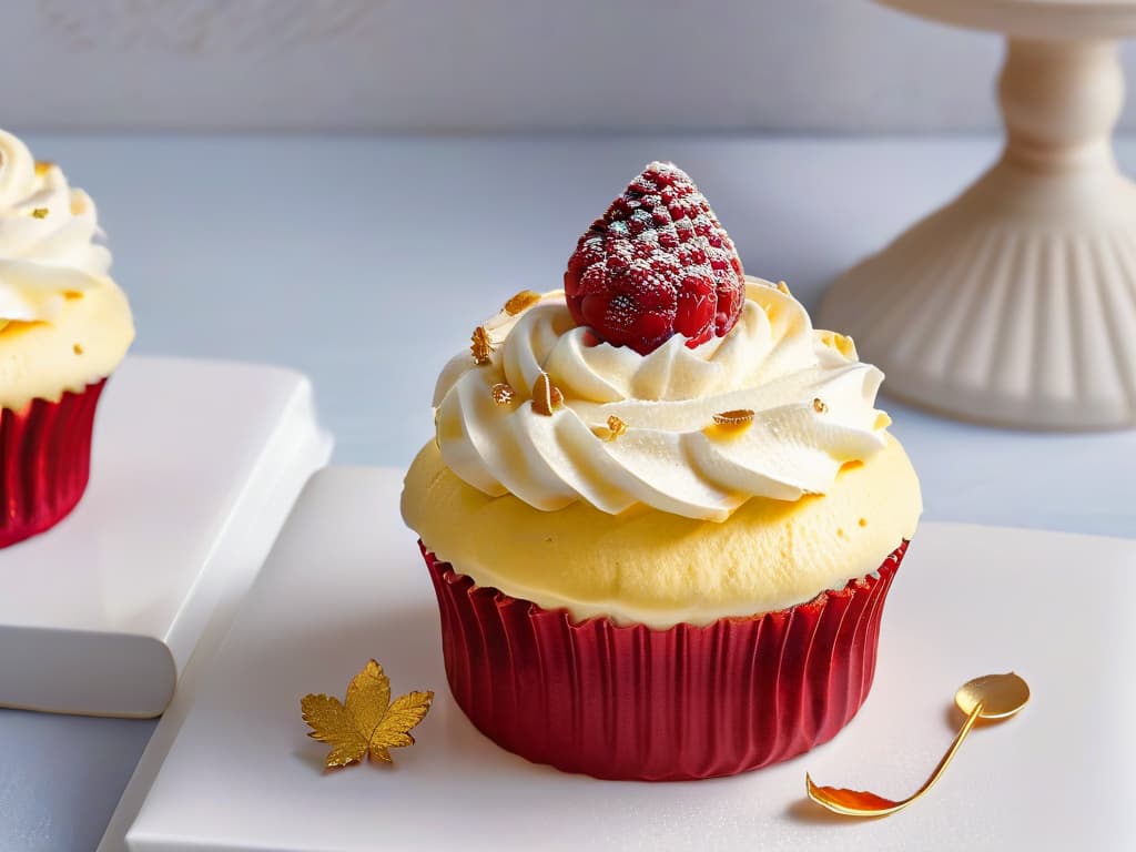  A closeup, ultradetailed image of a perfectly frosted cupcake, adorned with delicate edible gold leaf and a single fresh raspberry on top. The frosting is smooth and glossy, reflecting soft ambient light to highlight its intricate texture, while the raspberry glistens with dewy freshness, evoking a sense of indulgence and artistry. The background is a subtle gradient that fades from a muted pastel pink to a pale cream, emphasizing the elegant simplicity and sophistication of the sweet treat. hyperrealistic, full body, detailed clothing, highly detailed, cinematic lighting, stunningly beautiful, intricate, sharp focus, f/1. 8, 85mm, (centered image composition), (professionally color graded), ((bright soft diffused light)), volumetric fog, trending on instagram, trending on tumblr, HDR 4K, 8K