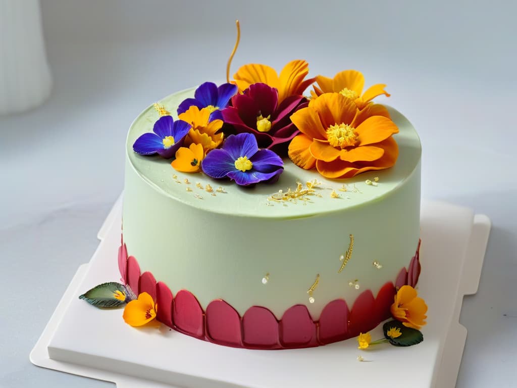  An intricate, minimalist closeup photograph of a vibrant, multilayered rainbow cake topped with delicate edible flowers and shimmering gold leaf accents. The cake is displayed on a sleek, marble tabletop, casting a soft, diffused shadow beneath it. The colors are vivid and the textures are rich, highlighting the intricate details of the dessert as a true masterpiece of modern pastry art. hyperrealistic, full body, detailed clothing, highly detailed, cinematic lighting, stunningly beautiful, intricate, sharp focus, f/1. 8, 85mm, (centered image composition), (professionally color graded), ((bright soft diffused light)), volumetric fog, trending on instagram, trending on tumblr, HDR 4K, 8K