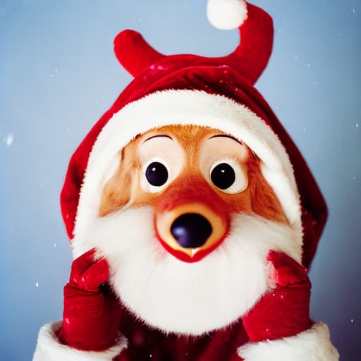 analog style Christmas reindeer, cartoon style, adorable reindeer face, big red nose, antlers with bells, friendly smile, chubby cheeks, bright and colorful, expressive eyes, cute and playful, wearing a cozy Santa hat, surrounded by falling snowflakes, standing on a snowy ground.