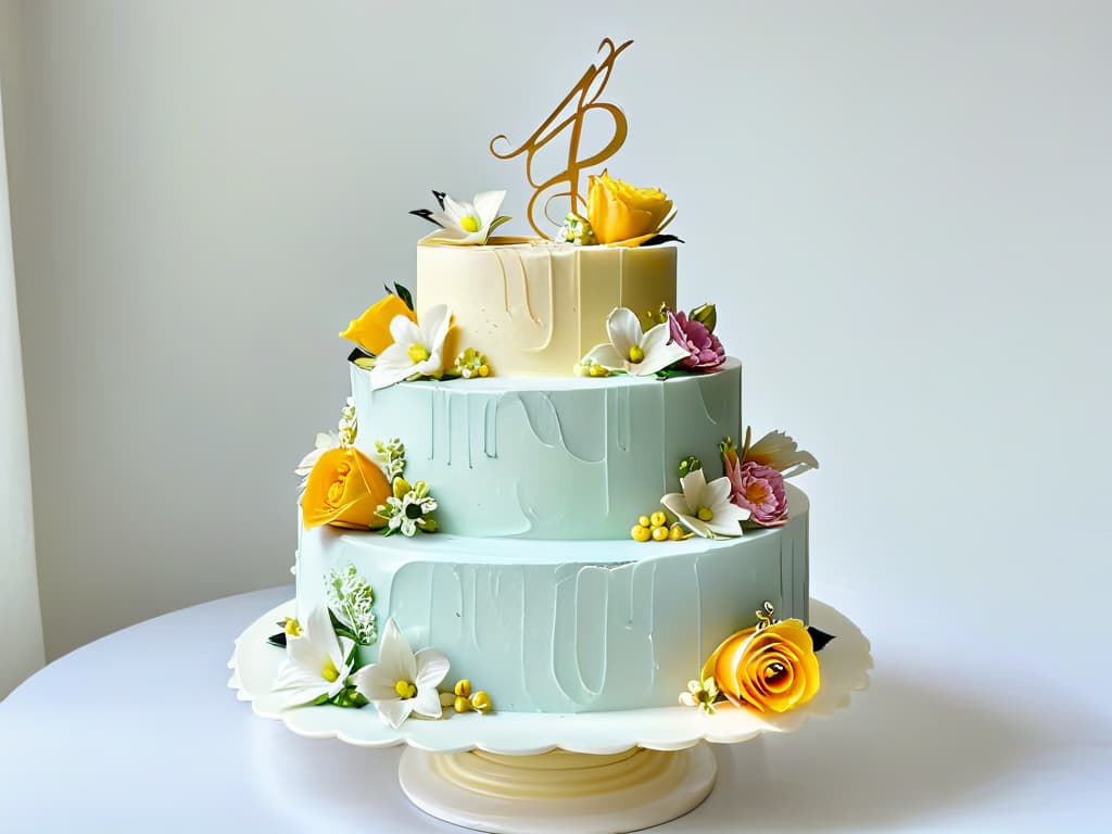  A beautifully presented threetiered cake with intricate floral decorations in soft pastel colors, set against a clean white background. The cake is elegantly displayed on a sleek marble cake stand, exuding a sense of sophistication and artistry. Each layer of the cake is meticulously crafted, showcasing precision and attention to detail in the delicate piping work and fondant accents. The overall aesthetic is minimalistic yet visually stunning, making it a perfect visual representation of expert pastry craftsmanship in gourmet baking. hyperrealistic, full body, detailed clothing, highly detailed, cinematic lighting, stunningly beautiful, intricate, sharp focus, f/1. 8, 85mm, (centered image composition), (professionally color graded), ((bright soft diffused light)), volumetric fog, trending on instagram, trending on tumblr, HDR 4K, 8K