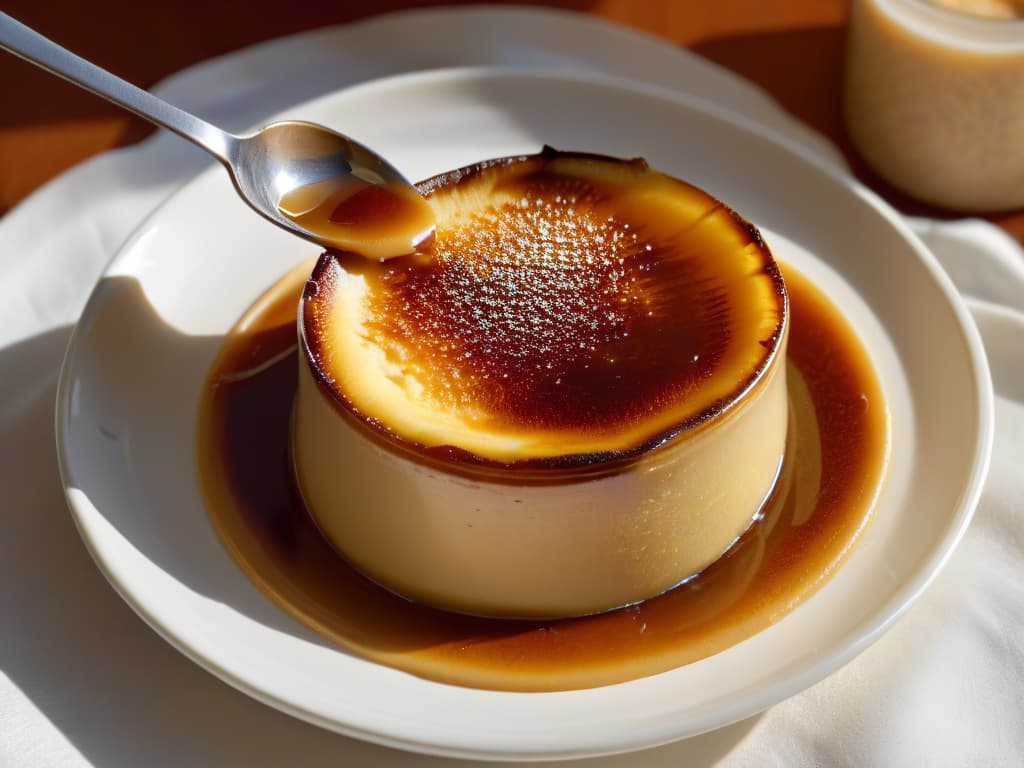  A closeup, ultradetailed 8k image of a perfectly caramelized crème brûlée, showcasing the goldenbrown caramelized sugar layer cracking under the pressure of a spoon, with a subtle glow highlighting the intricate texture of the dessert. hyperrealistic, full body, detailed clothing, highly detailed, cinematic lighting, stunningly beautiful, intricate, sharp focus, f/1. 8, 85mm, (centered image composition), (professionally color graded), ((bright soft diffused light)), volumetric fog, trending on instagram, trending on tumblr, HDR 4K, 8K