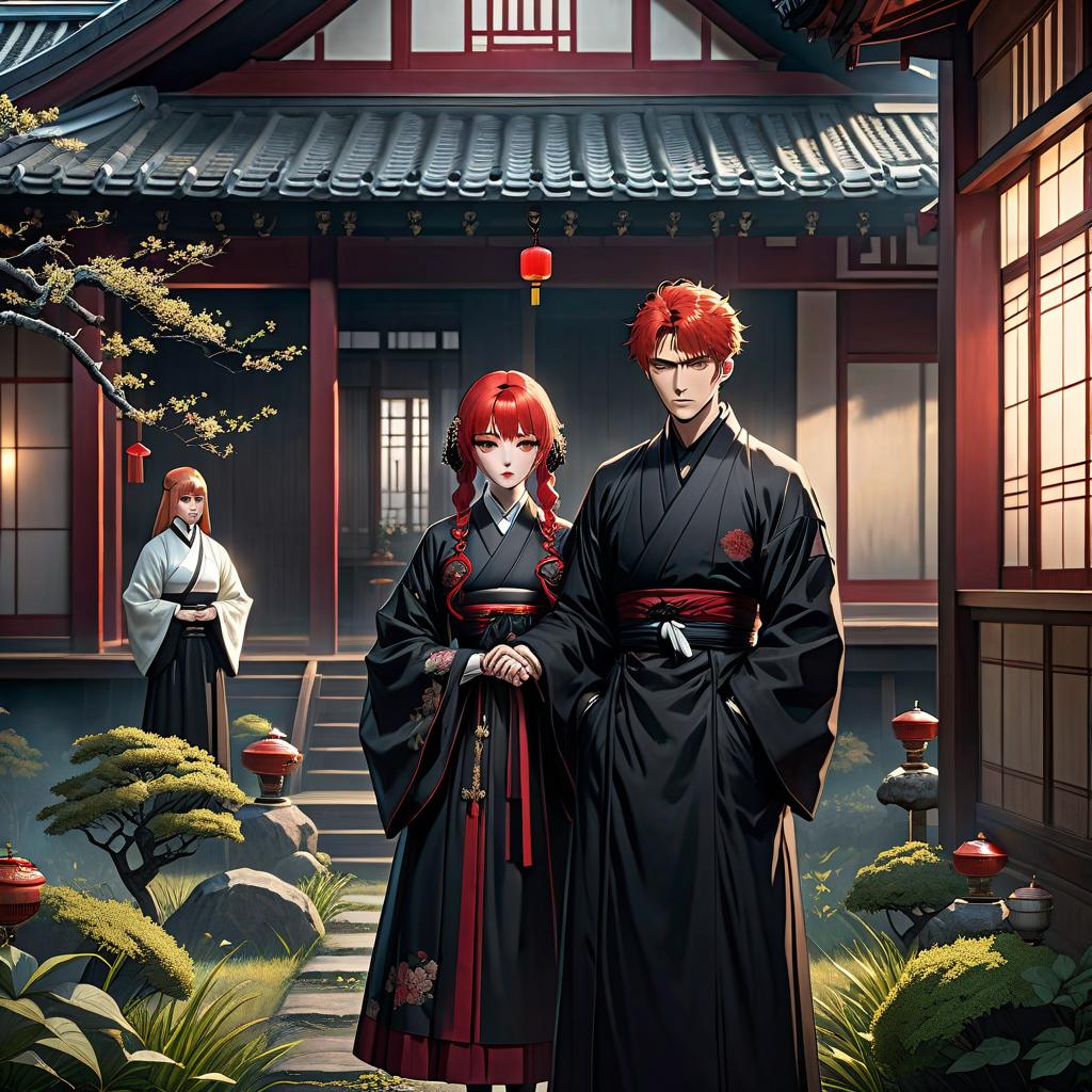  macabre style On the image, there are three people. A light haired Japanese boy is holding hands with a Russian woman with red hair. They are standing in a house in a Japanese style. A Korean pastor with black hair in a black robe of a religious leader is standing in the background, far away in the garden. . dark, gothic, grim, haunting, highly detailed hyperrealistic, full body, detailed clothing, highly detailed, cinematic lighting, stunningly beautiful, intricate, sharp focus, f/1. 8, 85mm, (centered image composition), (professionally color graded), ((bright soft diffused light)), volumetric fog, trending on instagram, trending on tumblr, HDR 4K, 8K