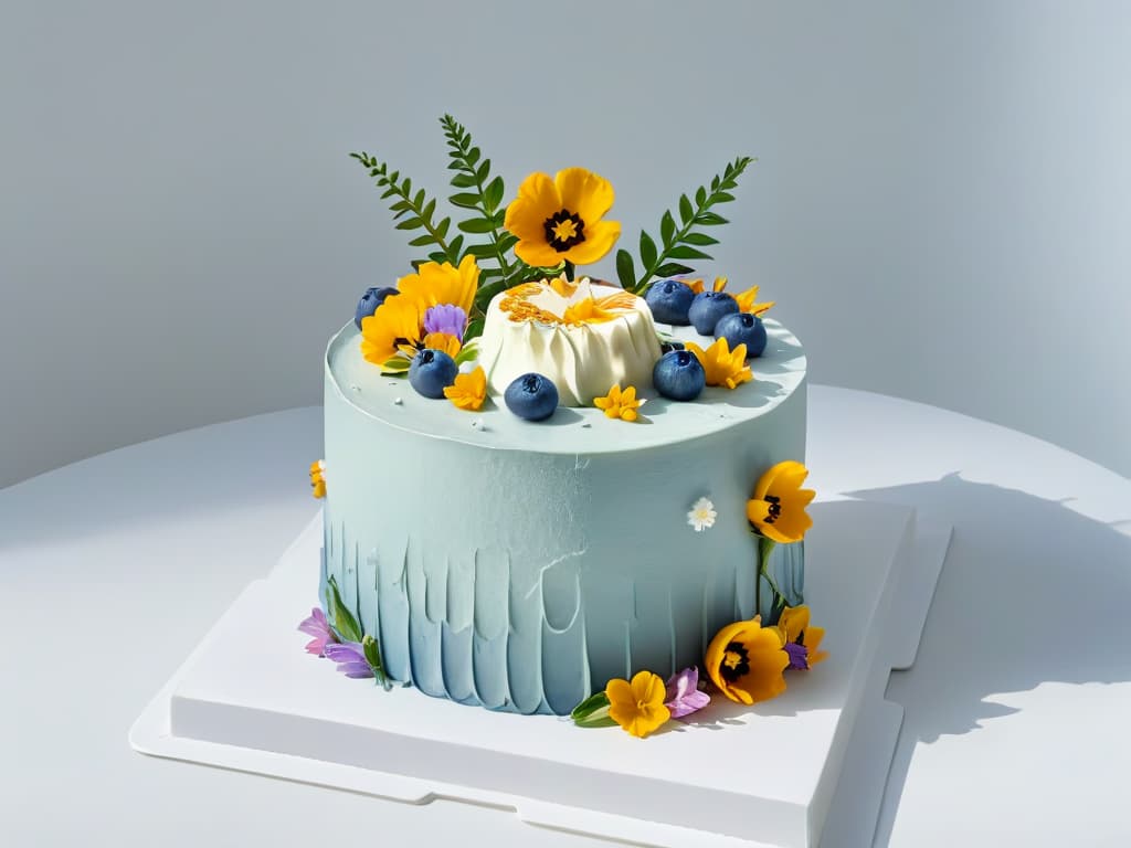  A closeup, ultradetailed image of a beautifully decorated zero waste cake, featuring intricate frosting designs made with natural food coloring and edible flowers, displayed on a minimalist white backdrop. hyperrealistic, full body, detailed clothing, highly detailed, cinematic lighting, stunningly beautiful, intricate, sharp focus, f/1. 8, 85mm, (centered image composition), (professionally color graded), ((bright soft diffused light)), volumetric fog, trending on instagram, trending on tumblr, HDR 4K, 8K