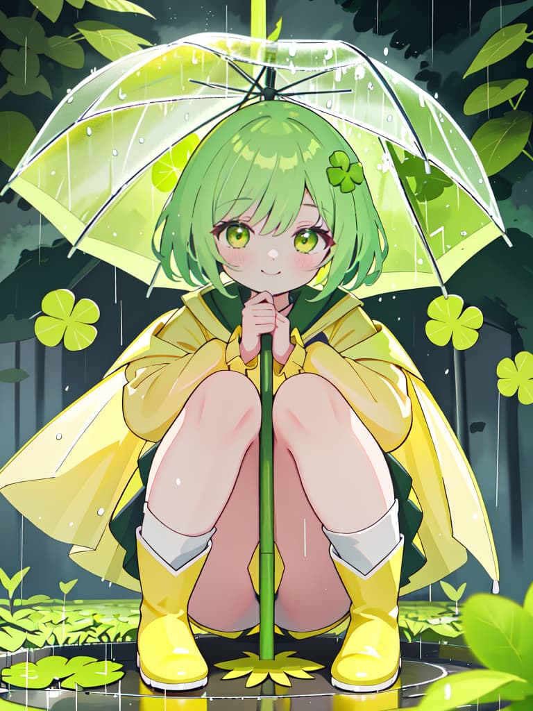  Staring at the four leaf clover with an umbrella in the rain, a yellow raincoat and a yellow green girl character crouching with boots and staring at the on the ground and staring with a smile. focus, masterpiece, best quality,8k,ultra detailed,high resolution,an extremely delicate and beautiful,hyper detail