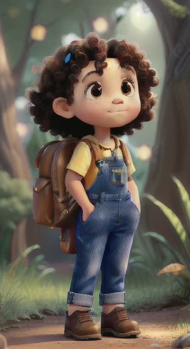  {The tree shining brightly and releasing a gentle, magical light., Riley, a curious with big brown eyes and curly hair, wearing overalls and carrying a small backpack. Their friend, Skye, a bluebird with shiny feathers.