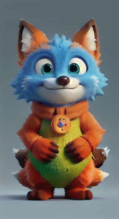  {Error the fox pressing the blue button with his paw, looking puzzled as nothing occurs., Error is a small, bright orange fox with a fluffy tail and big, inquisitive eyes. He has a mischievous yet kind expression and wears a tiny green scarf.