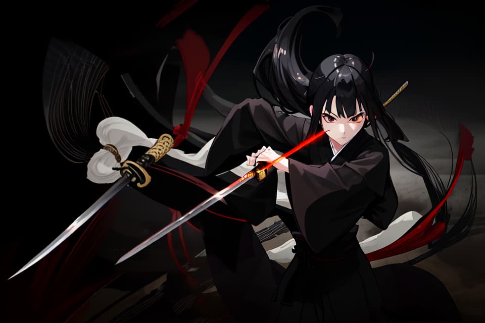  One , black kimono, black hair, black eyes, putting hair in the back, Japanese sword, long sword, hips, hold a sword, night, moon, serious expression, shadowy face, glowing eyes , Small s, slender, approaching, running, cutting, perspective, sprinting, stepping on, dust, winding wind, slashing