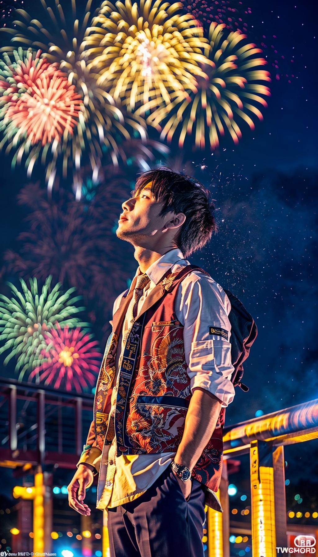  Photorealistic, a Japanese boy, young, looking up at fireworks, night, navy yukata hyperrealistic, full body, detailed clothing, highly detailed, cinematic lighting, stunningly beautiful, intricate, sharp focus, f/1. 8, 85mm, (centered image composition), (professionally color graded), ((bright soft diffused light)), volumetric fog, trending on instagram, trending on tumblr, HDR 4K, 8K