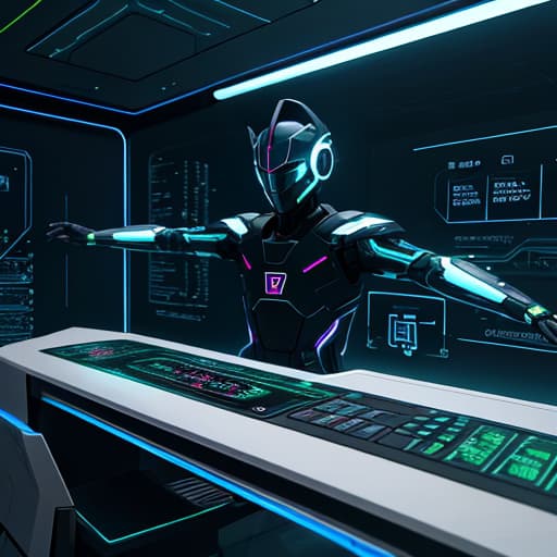  as a cinematic render, A sleek, advanced android with metallic limbs and glowing circuitry leaned forward, its fingers deftly navigating a holographic keyboard, surrounded by a futuristic interface displaying streams of data.